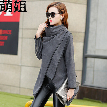 萌姐2015秋装新款长袖斗篷修身短外套女装 M225 灰色 XXL