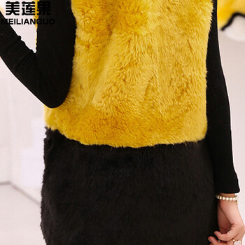 美莲果2015 新款马甲中长款无袖拼接女外套毛毛背心88868 柠檬黄色 M