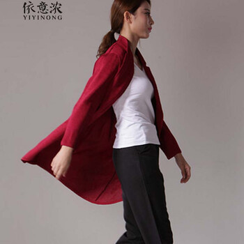 6079#秋季2015休闲小西装女外套亚麻显瘦中长款长袖休闲西服 藏青色 M