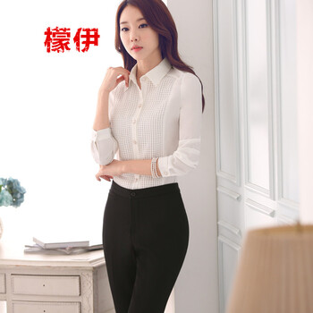 檬伊 2015秋冬季新款韩版白衬衫女长袖修身ol职业打底衬衣女 蓝色 L