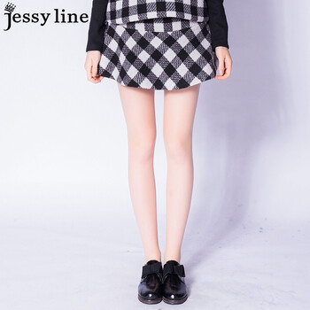 jessy line2015秋装新款 杰茜莱百搭格子显瘦半身裙 A字打底短裙 黑色 M