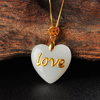 黄金镶玉吊坠足金和田玉吊坠男女款玉石项链心形玉坠挂件