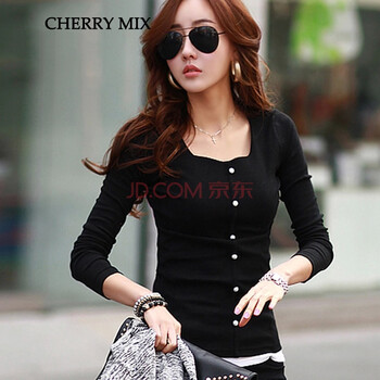cherrymix春秋上衣新品韩版长袖女t恤显瘦圆领纯色打底衫t恤纽扣上衣女T潮6159 黑色 S