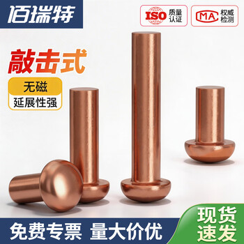 佰瑞特（bairuite）半圆头紫铜铆钉手打敲击式铜实心圆帽铆钉铜卯钉紫铜柳钉GB867 M8*10【3粒】