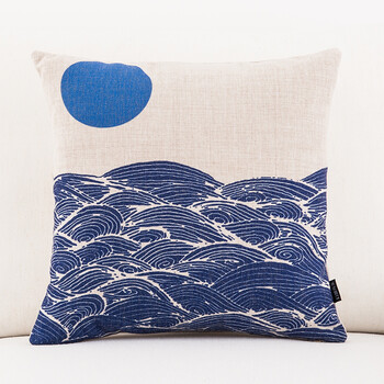 日式花纹布艺折扇浮世绘富士山民族复古和风棉麻沙发靠垫抱枕靠枕 海