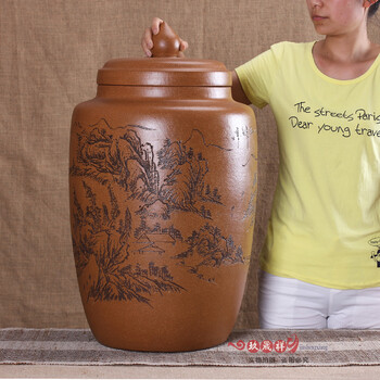 
                                        玖晟祥 宜兴紫砂茶叶罐 正品特大号普洱茶缸 粗陶存茶桶 将军罐 黄色山水款                