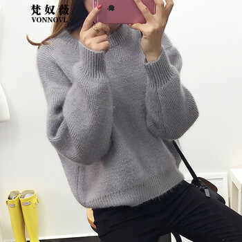 梵奴薇2016韩版新款女装高领针织衫套头毛衣外套短款薄毛衣女 灰色1 均码