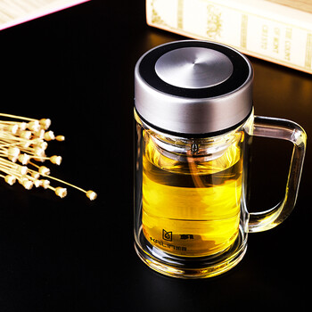 凯霖kailin 清韵双层带茶漏办公商务烧制平厚底带把玻璃杯 420ml
