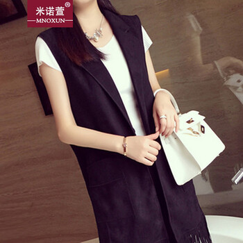 米诺萱-2015秋冬大码无袖西服鹿皮绒流苏马甲 K730 # 驼色 XL