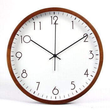 创意客厅实木无声钟表圆形石英钟抖音 数字小刻度金属针--胡桃色木框