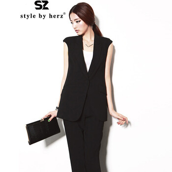 style by herz2016春季新款中长款无袖西装马甲女春秋马夹修身显瘦外套 黑色 L