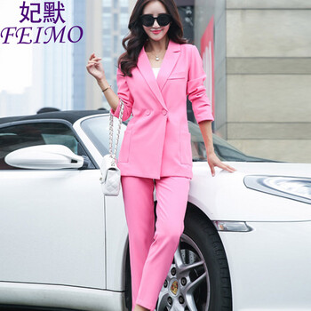 妃默 2015秋冬新款时尚职业套装气质休闲西装两件套女 玫红色 XL