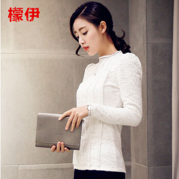 檬伊 2015长袖修身显瘦长袖蕾丝上衣 白色 2XL