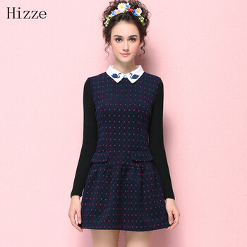 Hizze 韩版女装长袖毛呢连衣裙冬加绒加厚时尚波点拼接冬裙打底裙2016春装新款 深蓝色 M
