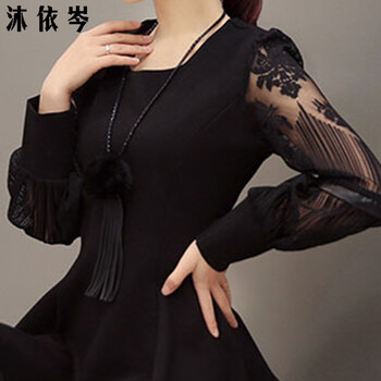 沐依岑2016秋冬新款韩版加绒加厚印花蕾丝衫大码打底衫T恤女287# 黑底玫瑰 M适合100-112斤