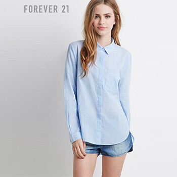 FOREVER21 经典通勤条纹全棉长袖衬衫 蓝色/白色 S
