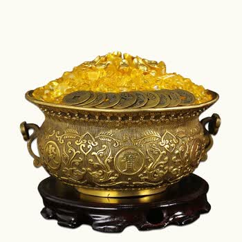 铜聚宝盆 聚宝盆摆件风水家居客厅聚财转运开业乔迁纯铜礼品 【底座款