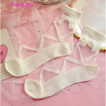 夏日系萝莉洛丽塔少女透明水晶玻璃丝袜蕾丝条纹甜美水玉点短袜 丝带