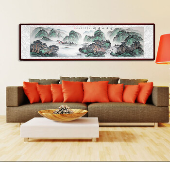 
                                        苏雅字画国画手绘山水画纯手绘字画富春山居图 红褐色实木框配有机玻璃 68x228厘米                
