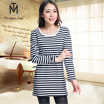 Modern-Tee 连衣裙2016春季女式圆领长袖条纹修身中长款包臀裙 黑色/黑白条纹 M