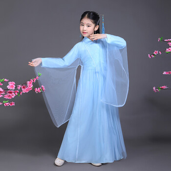 汉服童装儿童小女孩清新淡雅女童古装仙女服古筝演出服装 浅蓝色 130