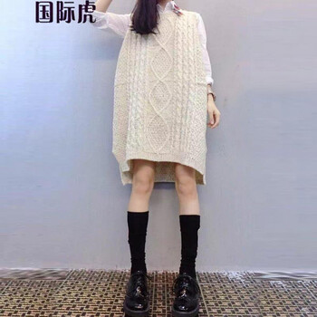 国际虎  欧洲站学院风中长款圆领毛衣马甲背心女套头秋季针织外套   马夹 黑色 XXL