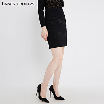 
                                        LANCY朗姿缀钉钻时尚简约百搭包臀半身裙LC14403WSK005 黑色 M                