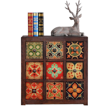 爵尼 宏明双新美式乡村实木玄关柜复古柜子做旧9斗柜储物收纳柜家具