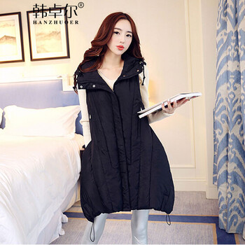 韩卓尔 2015秋冬新品女装加厚连帽长款马甲棉服外套X3066 卡其 2XL
