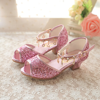 儿童水晶高跟公主鞋小学生2018夏款演出鞋女童鱼嘴凉鞋v11 粉红色 31