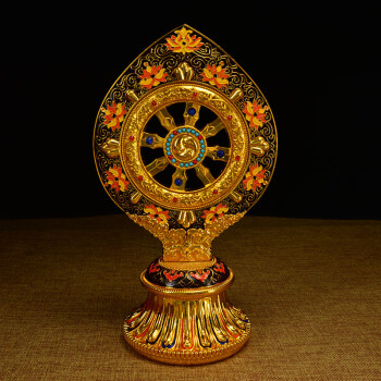 尼泊尔工艺 七珍宝 珐琅彩 可转动大法轮摆件 彩绘法轮 法轮宝