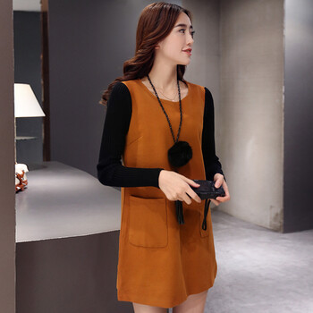 本千2015秋冬款女装上新连衣裙女加厚毛呢拼显瘦大码中长款裙子 优雅黄色 L
