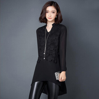沃德兰 T恤女2015秋装新款韩版宽松显瘦上衣长袖中长款女式蕾丝衫打底衫 黑色. XL码