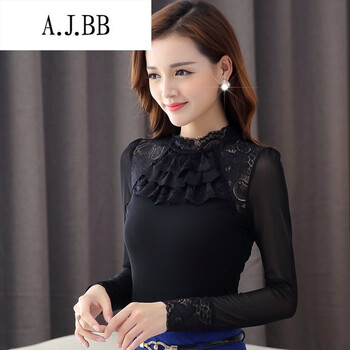 珂琊妮店2015秋冬长袖荷叶边网纱蕾丝衫加绒加厚蕾丝高领打底衫 黑色 M