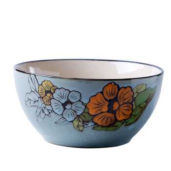 mbhtv 手绘饭碗汤碗陶瓷餐具 粗陶高温釉下彩碗 花鸟颂春