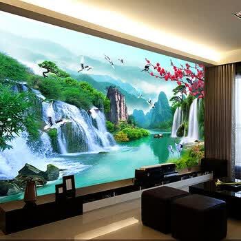 沙发壁纸宾馆酒店大堂防水无缝墙布山水风景画流水生财墙画定制壁布