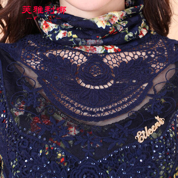 芙雅利娜 2015秋冬新款高领加绒加厚印花蕾丝打底衫Q1129 蓝色 加绒加厚 XXL