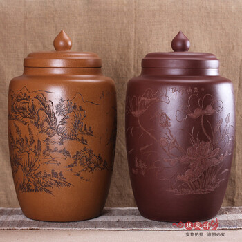 
                                        玖晟祥 宜兴紫砂茶叶罐 正品特大号普洱茶缸 粗陶存茶桶 将军罐 黄色山水款                