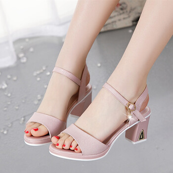 凉鞋女夏季2018中跟鱼嘴鞋韩版百搭粗跟学生女鞋wft 粉红色 35