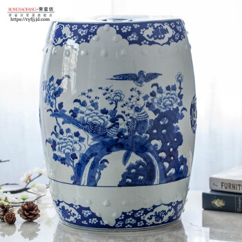 荣窑坊 景德镇陶瓷凳子手绘青花鼓凳酒店客厅装饰摆件古典中国风客厅软装饰品 A1款 RYLU10