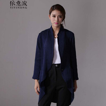 6079#秋季2015休闲小西装女外套亚麻显瘦中长款长袖休闲西服 藏青色 M