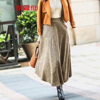 依妙韵2016秋冬新款半身裙毛呢半身长裙修身优雅大摆加厚A字裙D 深卡其布色 M