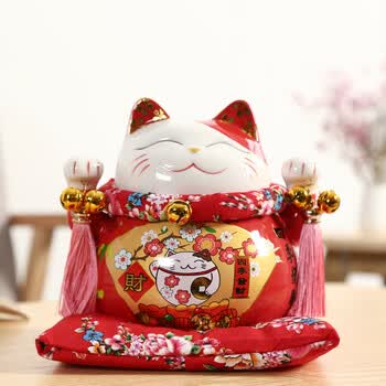 电动摇手大号陶瓷发财猫存钱储蓄罐创意店铺开业礼品 7寸四季发财