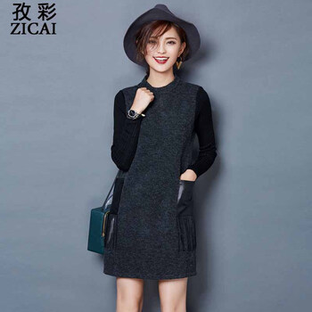孜彩 2015秋冬新款加绒加厚连衣打底裙女中长款韩版修身保暖T恤潮 灰色 M