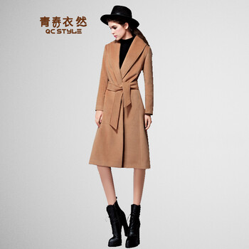 青春衣然2016春季新款风衣外套中长款纯色大衣女装显瘦毛呢大衣女 卡其色 XL