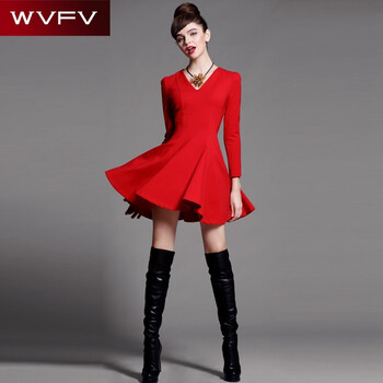 WVFV2016春装新款欧美气质红色性感V领泡泡袖收腰显瘦大摆连衣裙 Q076510 红色 4 M