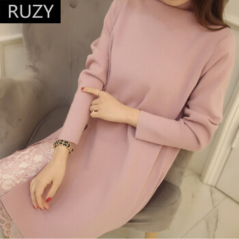 RUZY春季韩版针织毛衣蕾丝连衣裙女 粉色均码