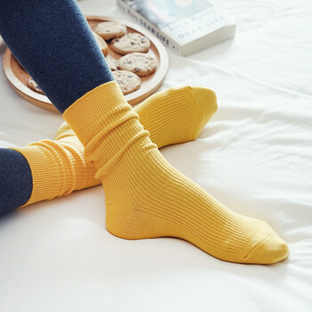 2018竖条纹四季可穿基础打底纯棉堆堆袜素色百搭女士短袜中筒袜子