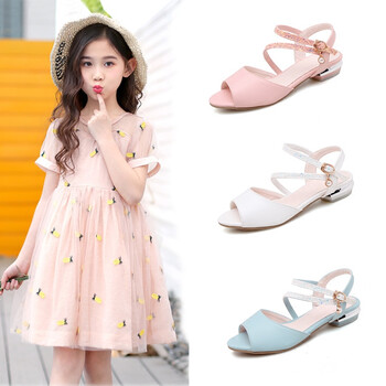 12岁儿童公主鞋韩版鱼嘴高跟鞋夏季小女孩露趾水晶鞋 粉色 34码脚长