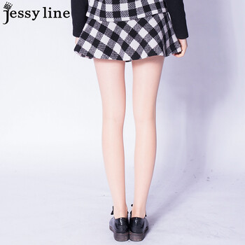 jessy line2015秋装新款 杰茜莱百搭格子显瘦半身裙 A字打底短裙 黑色 M